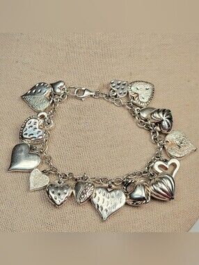 JCM Mauritius 925 Sterling Silver Puffy Hearts Charm Bracelet 7.25 Inch